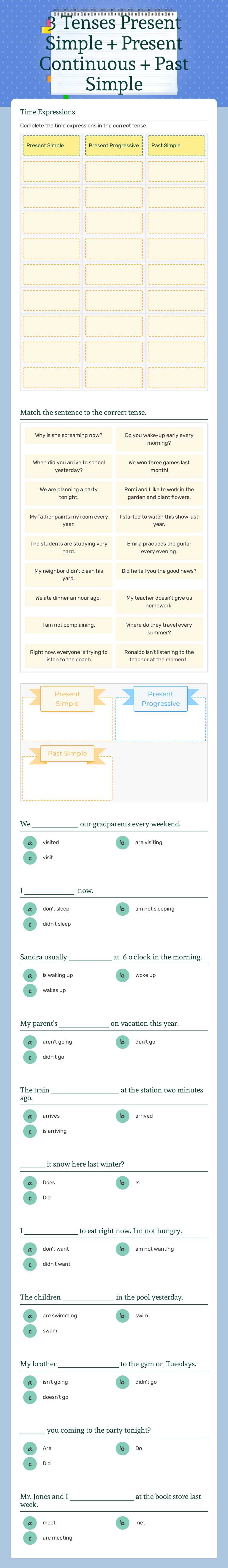 3 Tenses                Present Simple + Present Continuous + Past Simple worksheet preview image