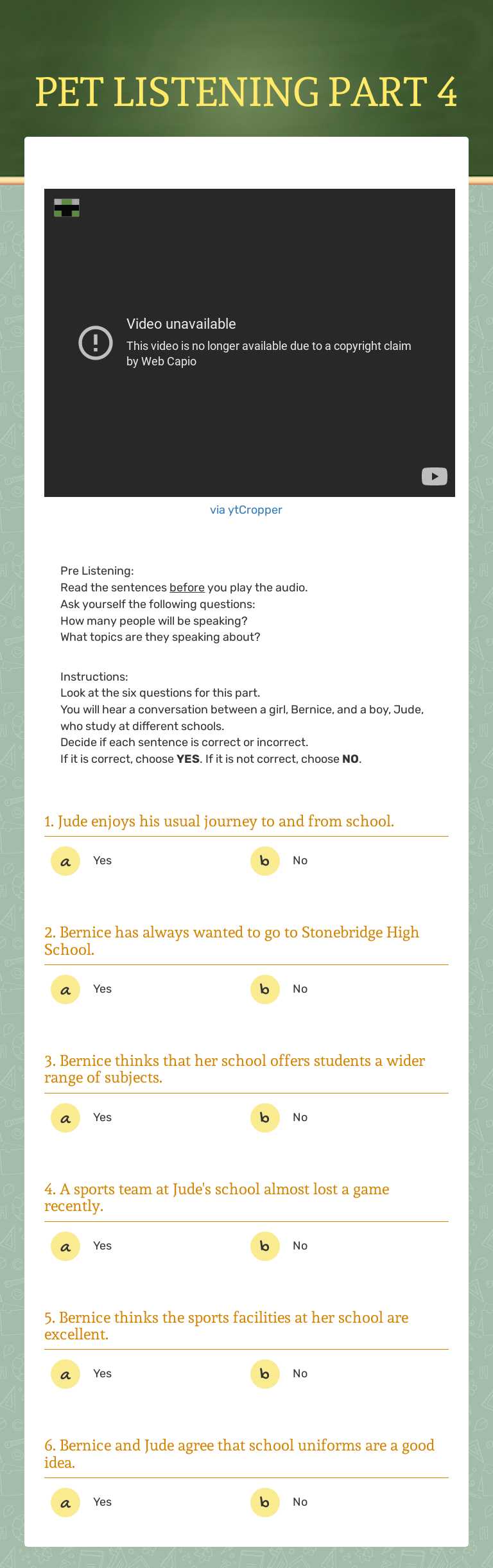 PET LISTENING PART 4 Preschool worksheet preview