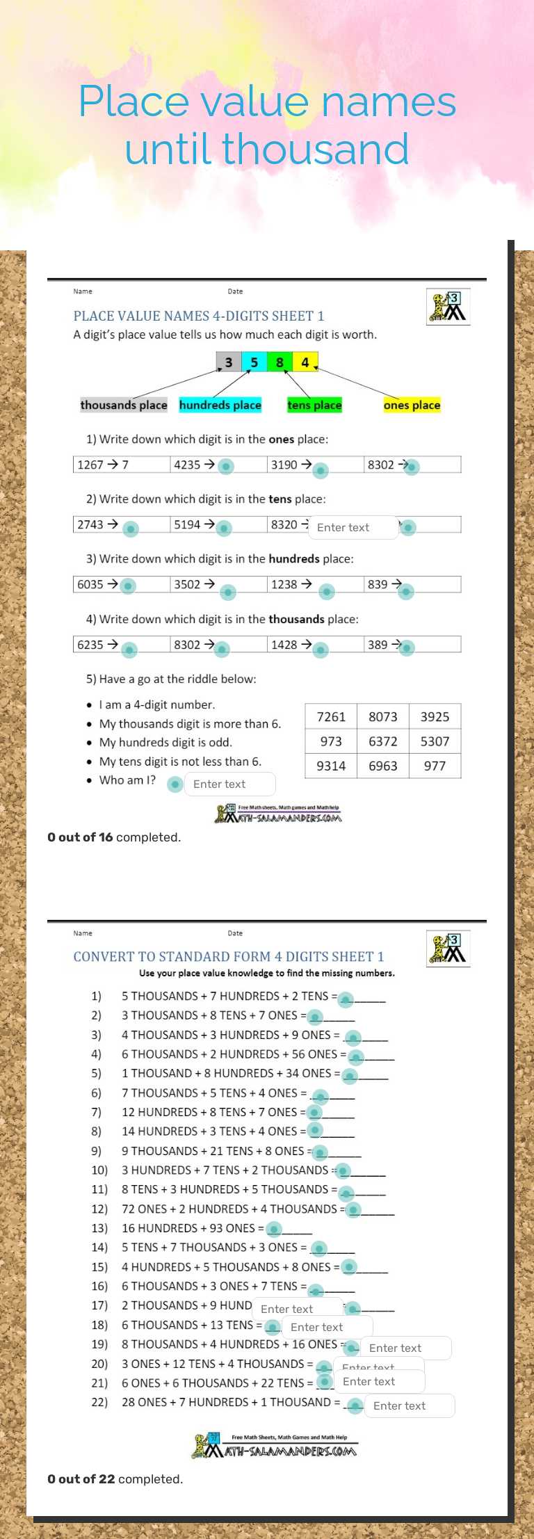 Place value names until thousand worksheet preview image