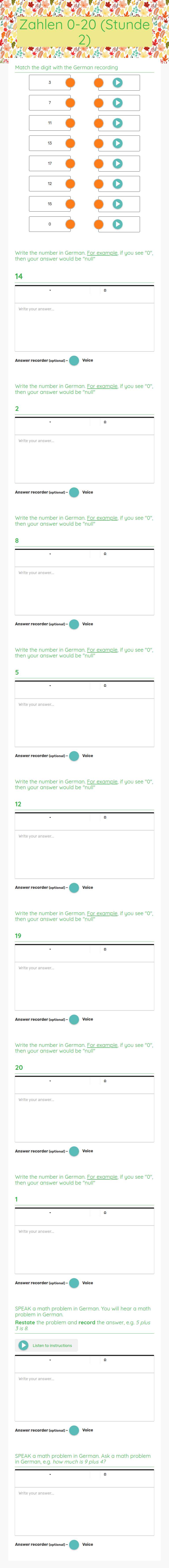 Zahlen 0-20 (Stunde 2) worksheet preview image