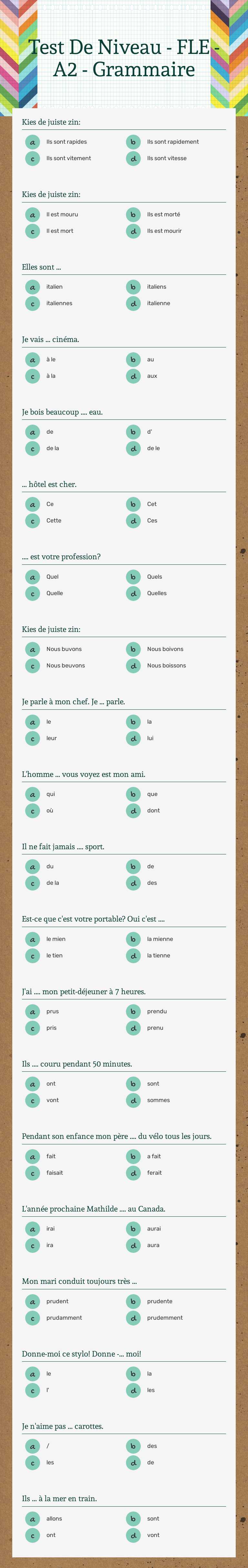 Test De Niveau - FLE - A2 - Grammaire Other worksheet preview