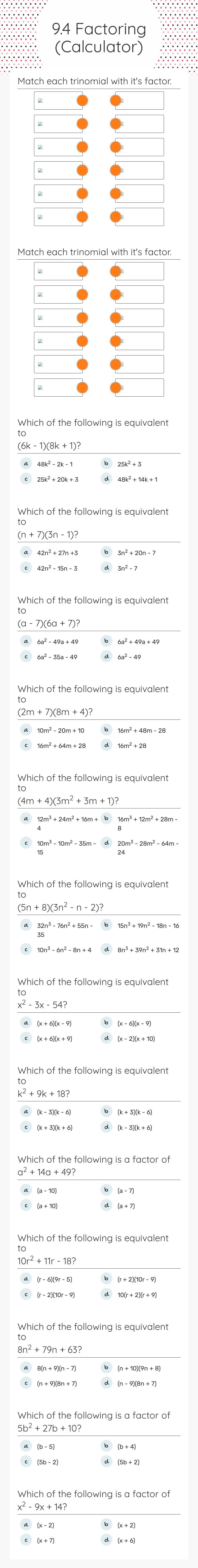 9.4 Factoring (Calculator) Grade 9 worksheet preview