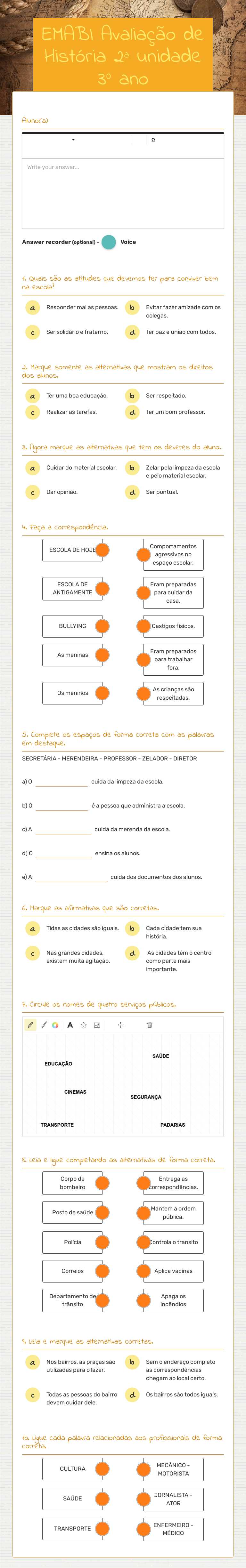 EMABI  Avaliação de 
 História 2ª unidade 3º ano worksheet preview image