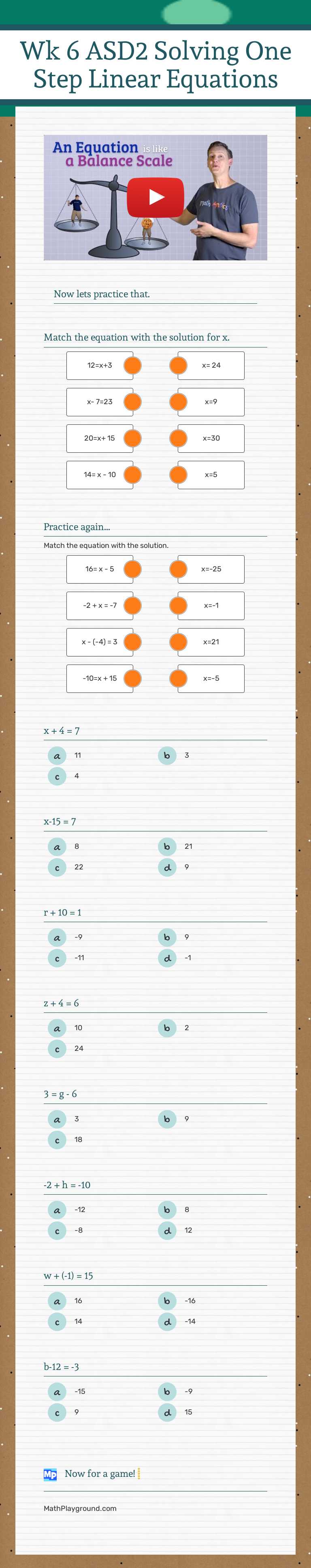 Wk 6 ASD2 Solving One Step Linear Equations worksheet preview image