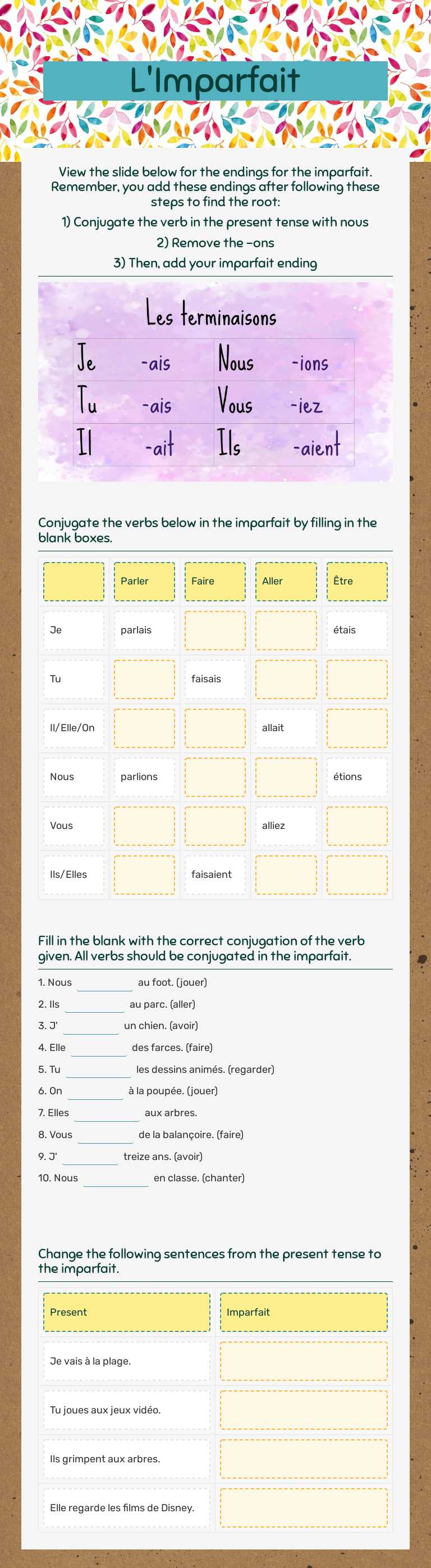 L'Imparfait Grade 8 worksheet preview