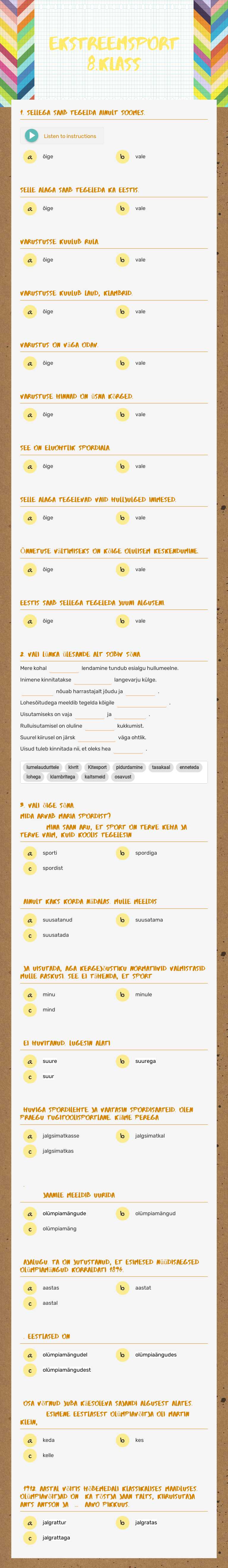 EKSTREEMSPORT 8.klass worksheet preview image
