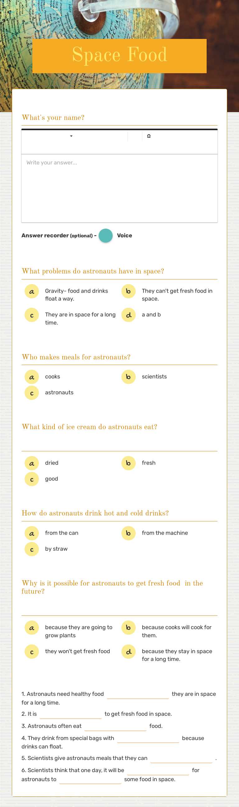 Space Food worksheet preview image