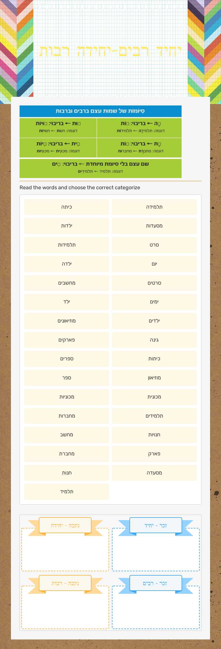 יחיד רבים-יחידה רבות worksheet preview image