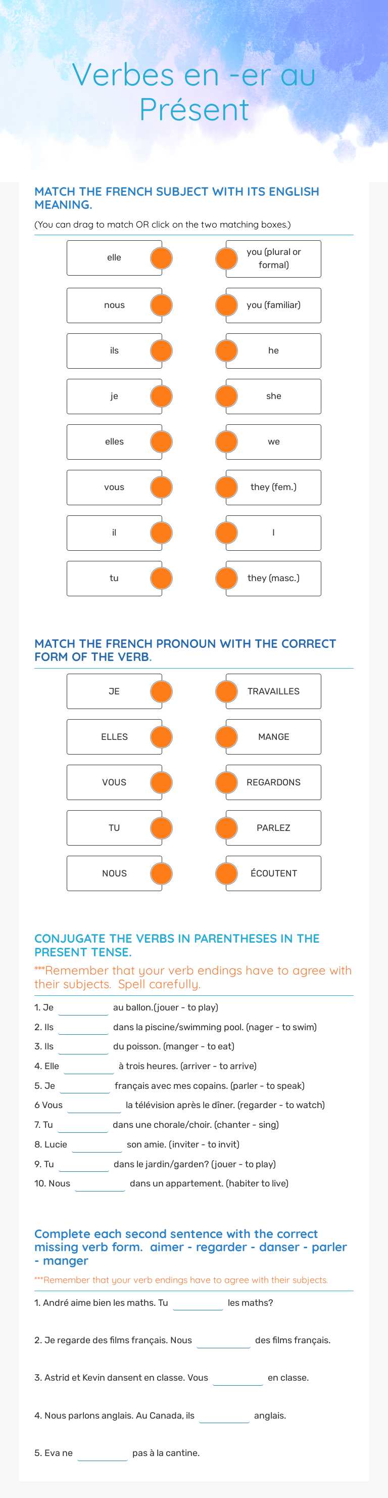Verbes en -er au Présent worksheet preview image