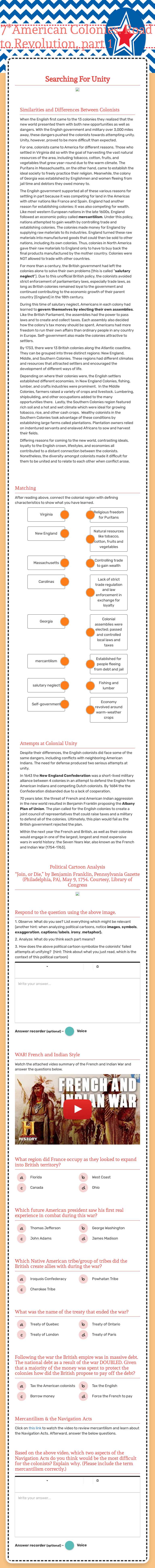 7*American Colonies:  
Road to Revolution, part 1 worksheet preview image