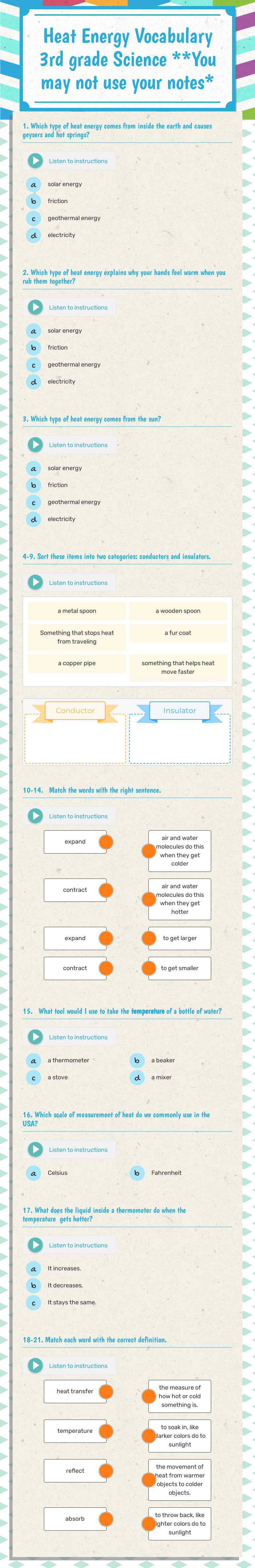 Heat Energy Vocabulary
3rd grade Science
**You may not use your notes* Grade 3 worksheet preview