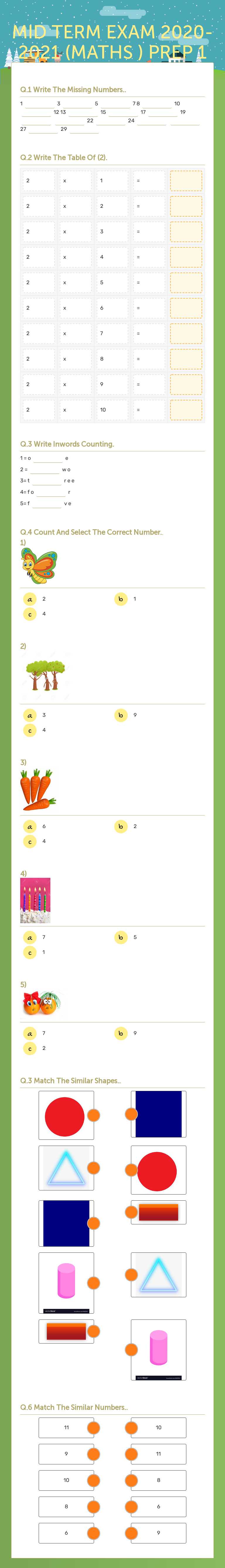 MID TERM EXAM 2020-2021 (MATHS ) PREP 1 Preschool worksheet preview