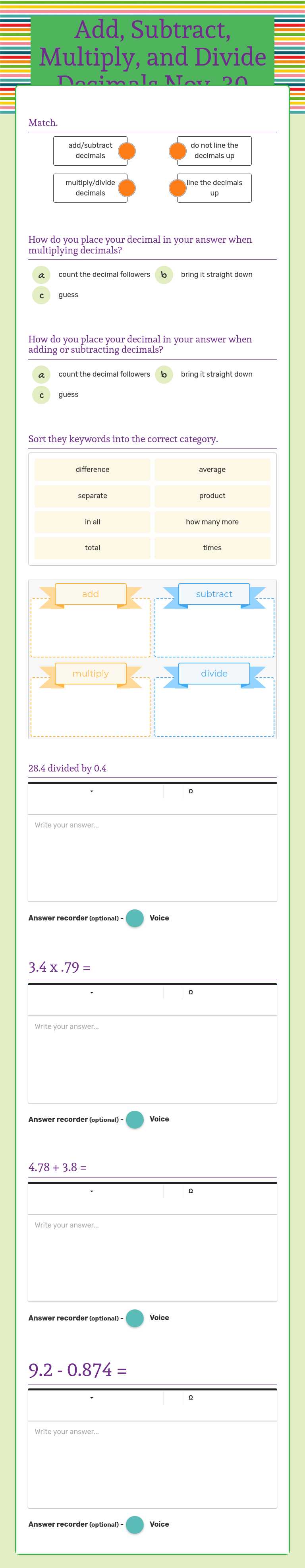 Add, Subtract, Multiply, and Divide Decimals Nov. 30 worksheet preview image