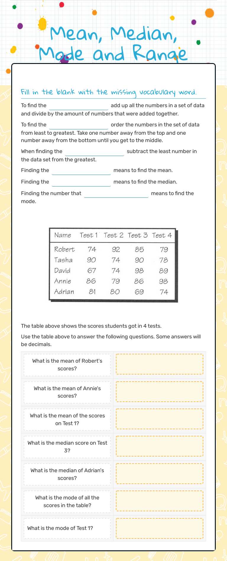 Mean, Median, Mode and Range Grade 5 worksheet preview