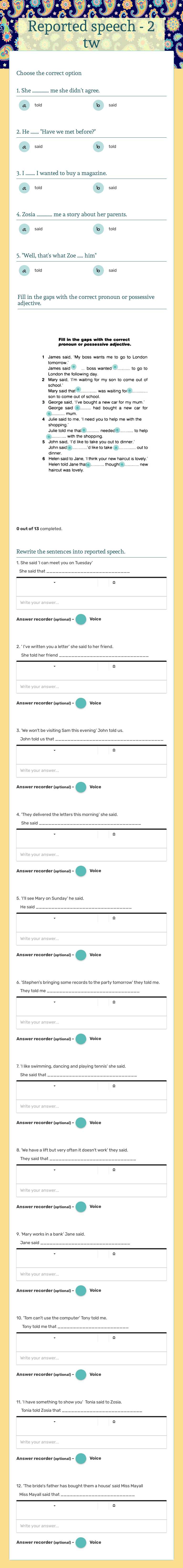 Reported speech - 2 tw worksheet preview image