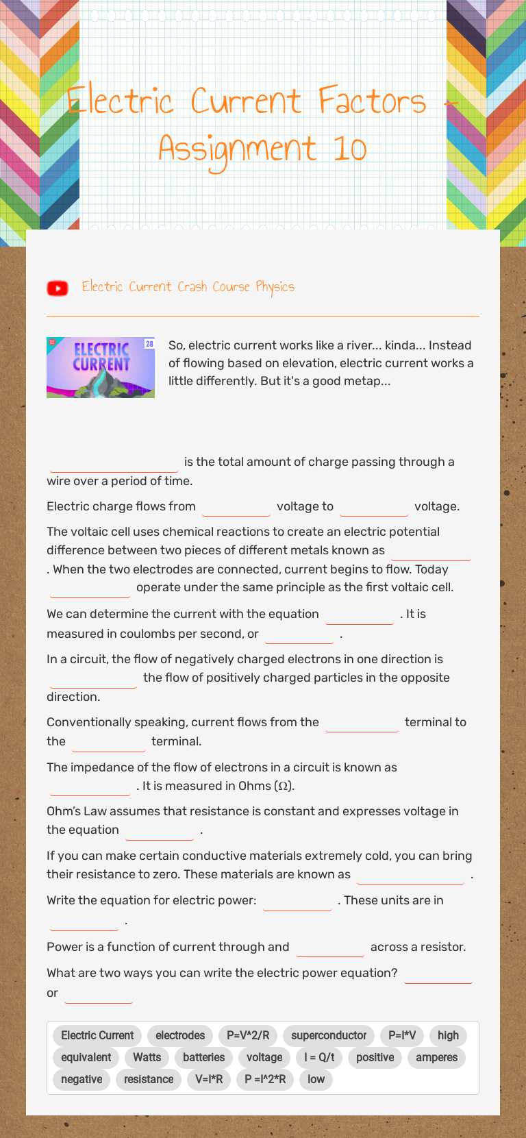 Electric Current Factors - Assignment 10 Grade 11 worksheet preview