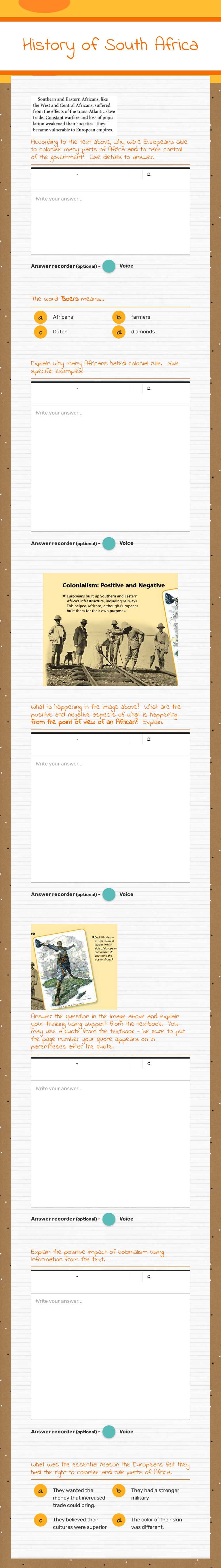 History of South Africa worksheet preview image