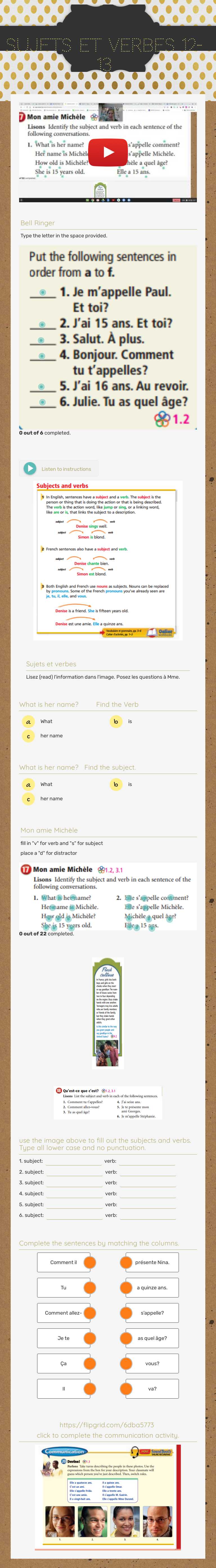 Sujets et verbes 12-13 Grade 10 worksheet preview