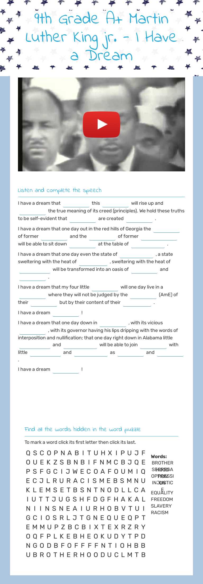 9th Grade A+   Martin Luther King jr. - I Have a Dream worksheet preview image