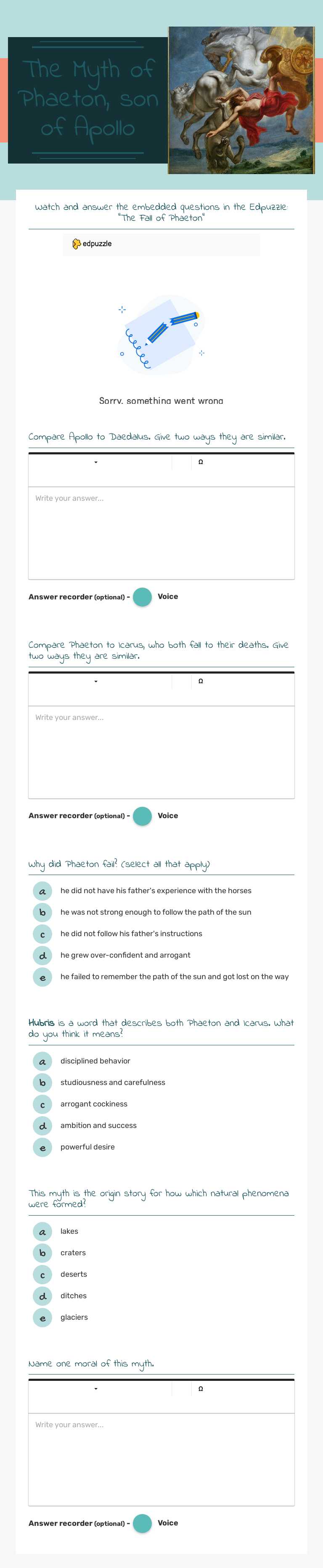 The Myth of Phaeton, son of Apollo Grade 10 worksheet preview