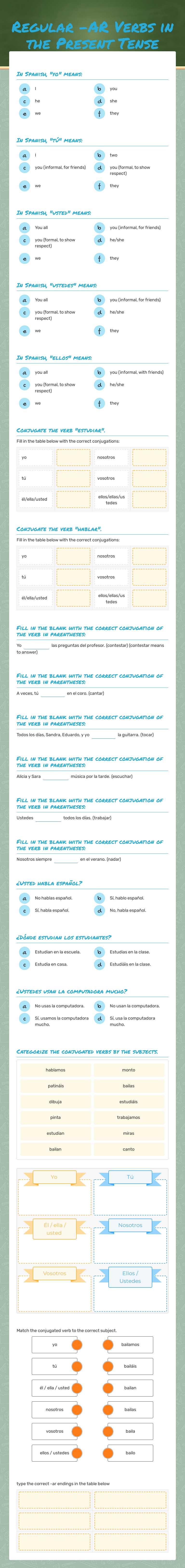 Regular -AR Verbs in the Present Tense Grade 7 worksheet preview