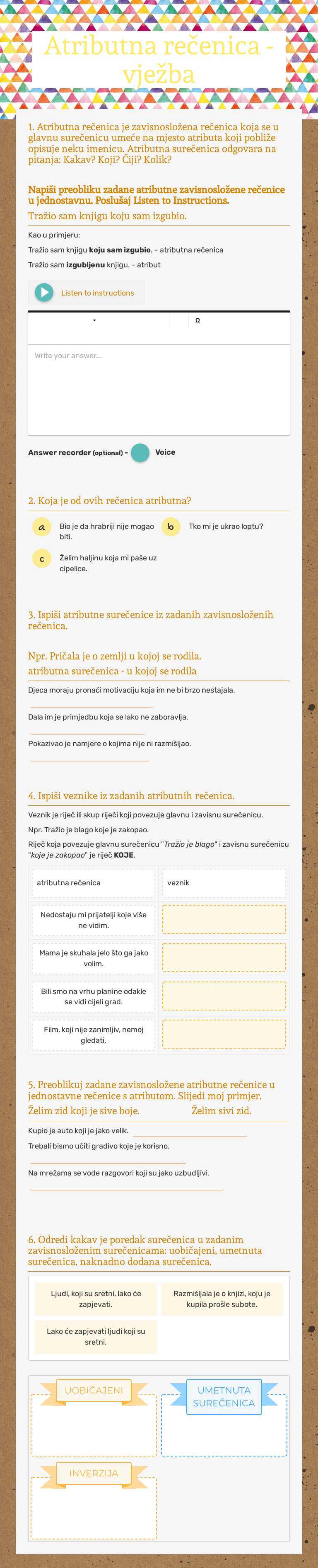 Atributna rečenica - vježba Grade 7 worksheet preview