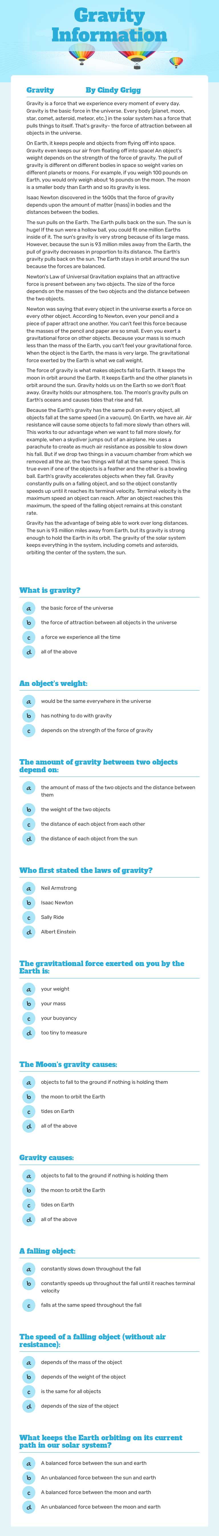 Gravity Information Grade 5 worksheet preview