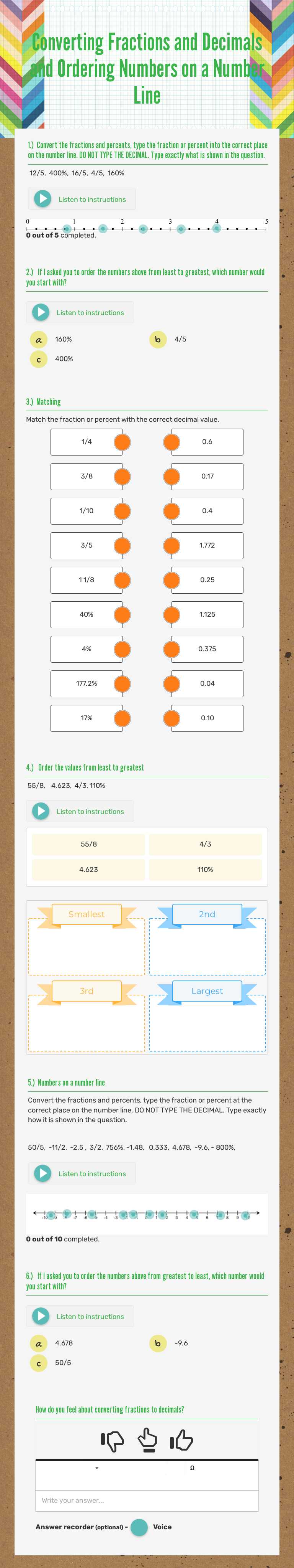 Converting Fractions and Decimals and Ordering Numbers on a Number Line worksheet preview image