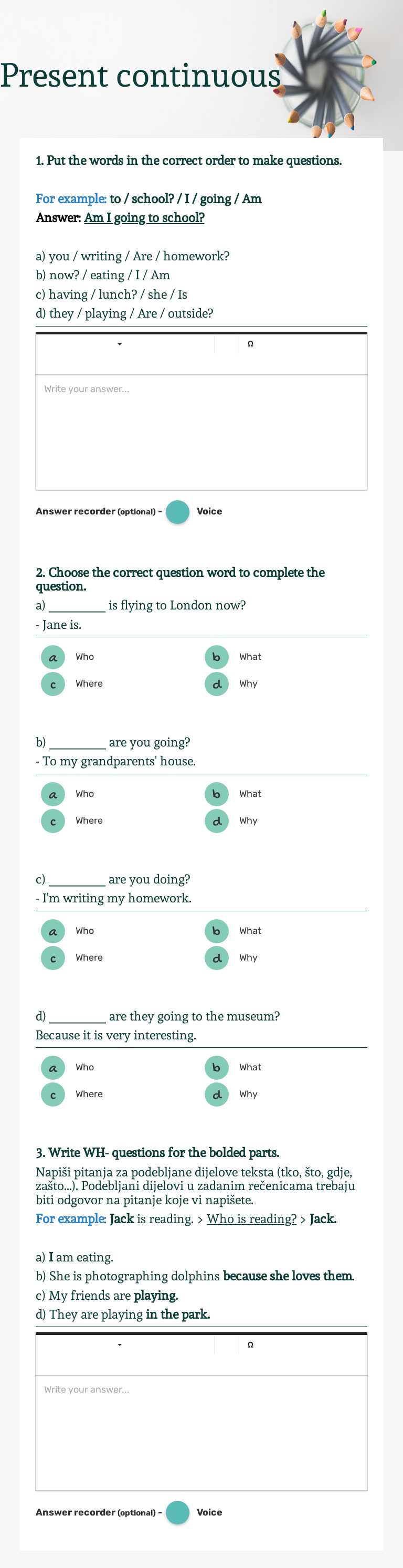 Present continuous worksheet preview image