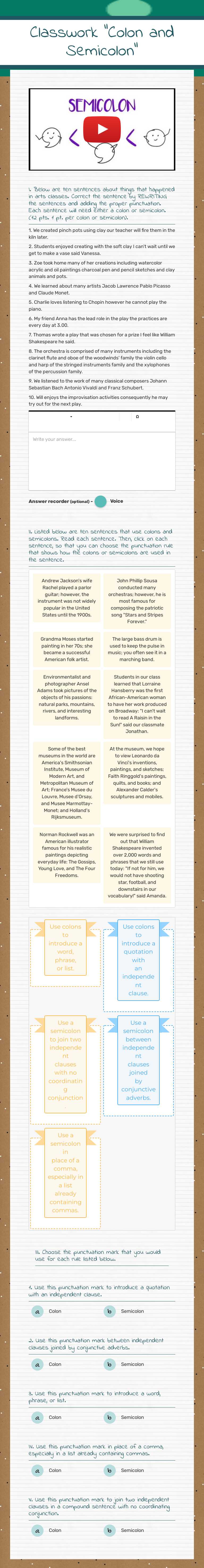 Classwork "Colon and Semicolon" worksheet preview image