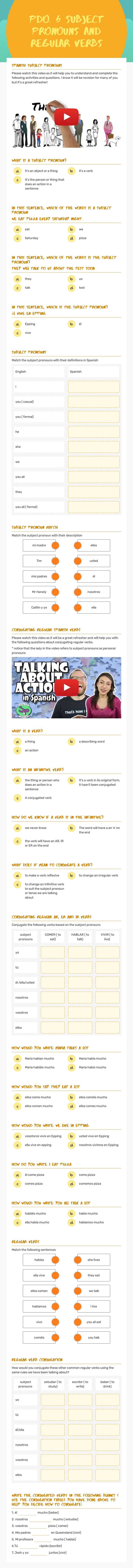 Pdo. 6 subject Pronouns and Regular verbs worksheet preview image