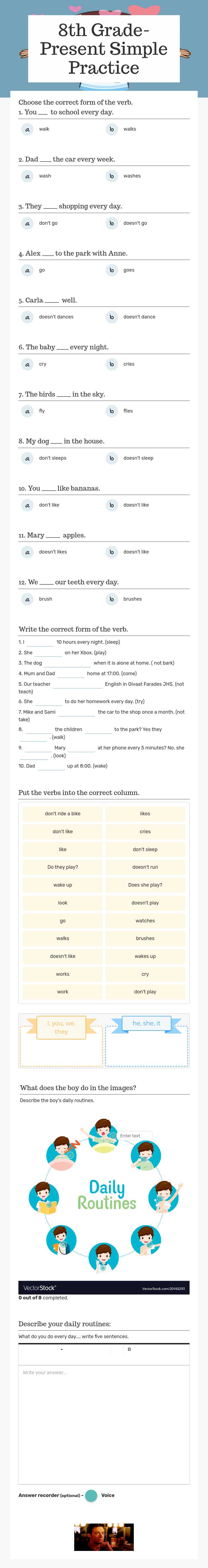 8th Grade- Present Simple Practice worksheet preview image