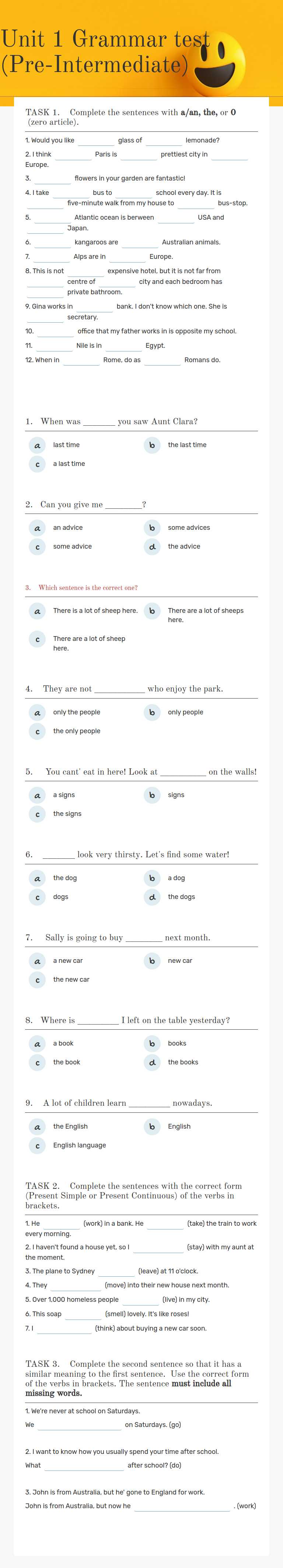 Unit 1 Grammar test  (Pre-Intermediate) worksheet preview image