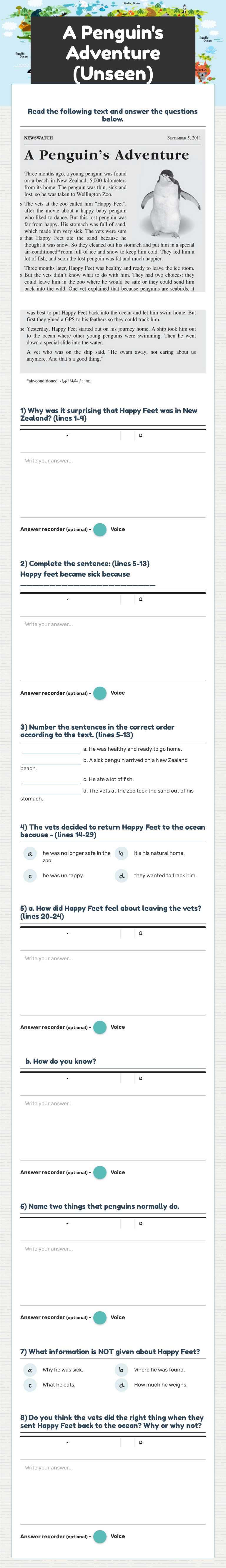 A Penguin's Adventure (Unseen) Grade 7 worksheet preview
