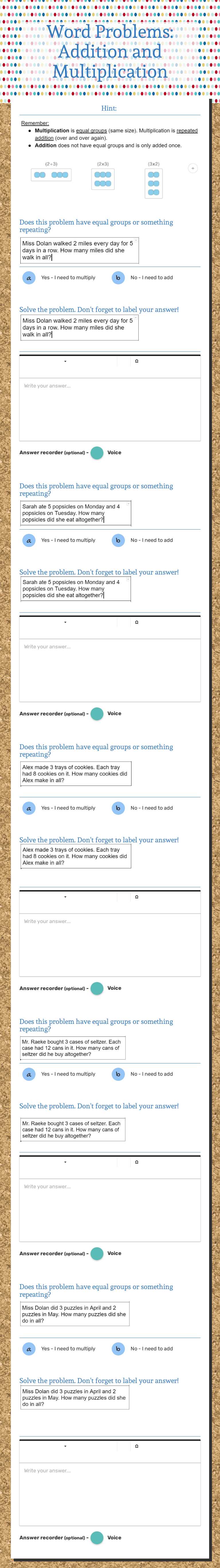 Word Problems: Addition and Multiplication worksheet preview image