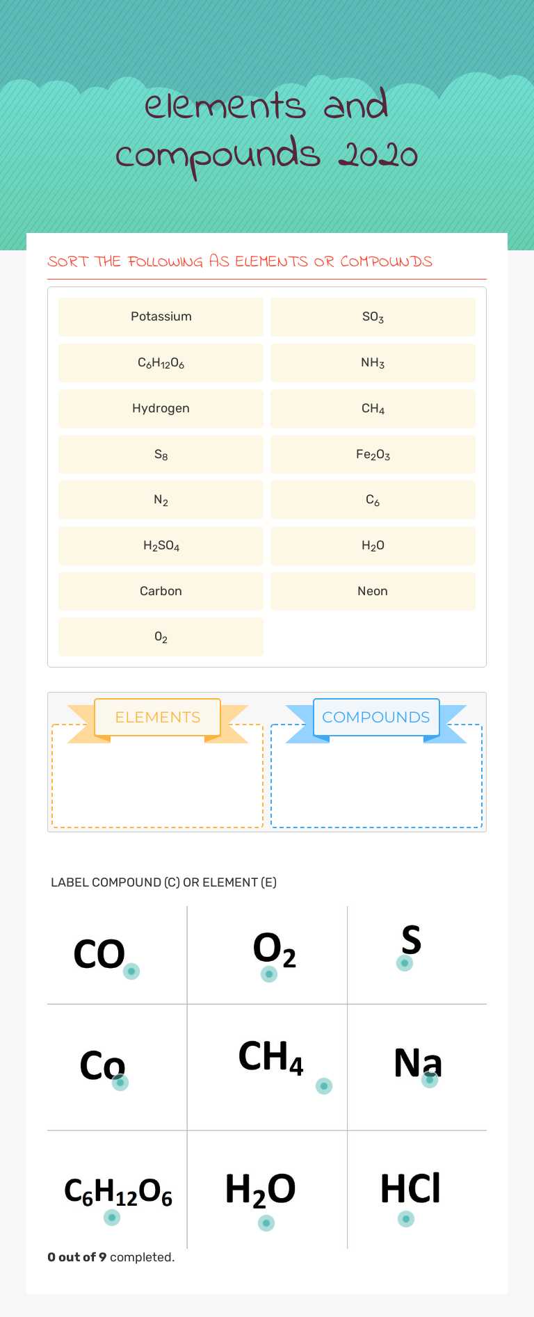elements and compounds 2020 worksheet preview image