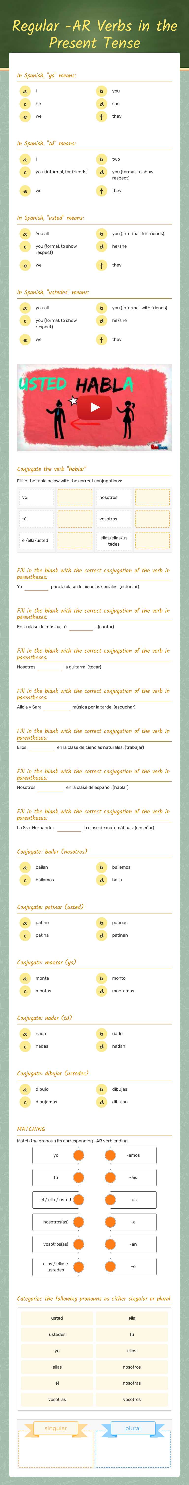 Regular -AR Verbs in the Present Tense worksheet preview image