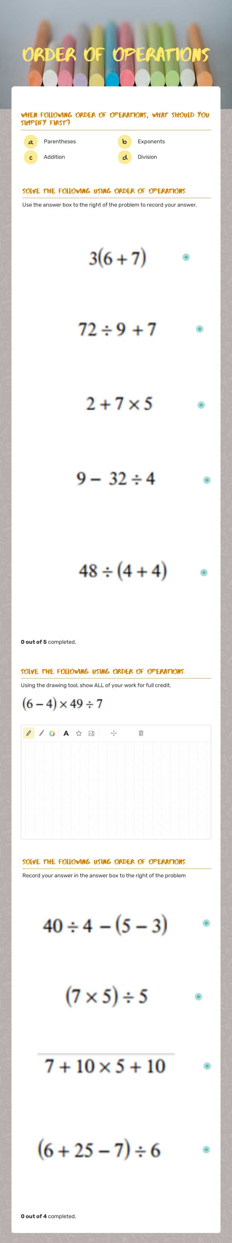 Order of Operations worksheet preview image