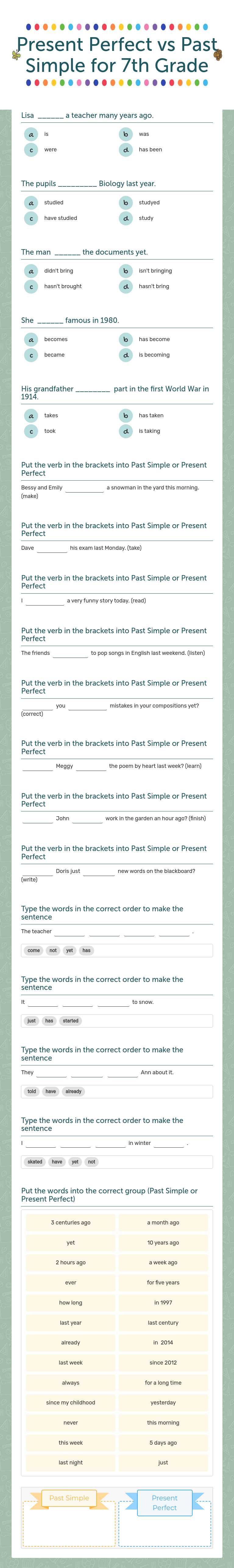 Present Perfect vs Past Simple  
 for 7th Grade worksheet preview image