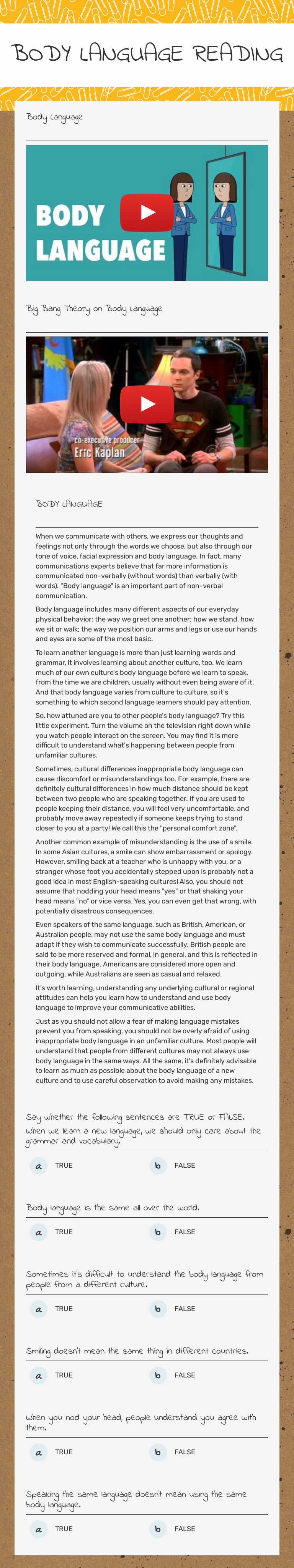 BODY LANGUAGE READING worksheet preview image