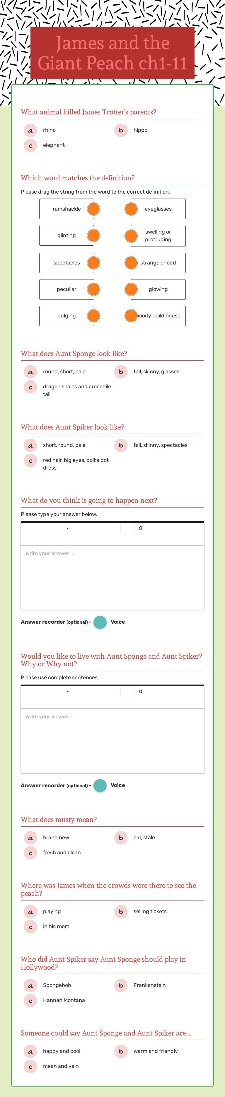 James and the Giant Peach  ch1-11 Grade 3 worksheet preview