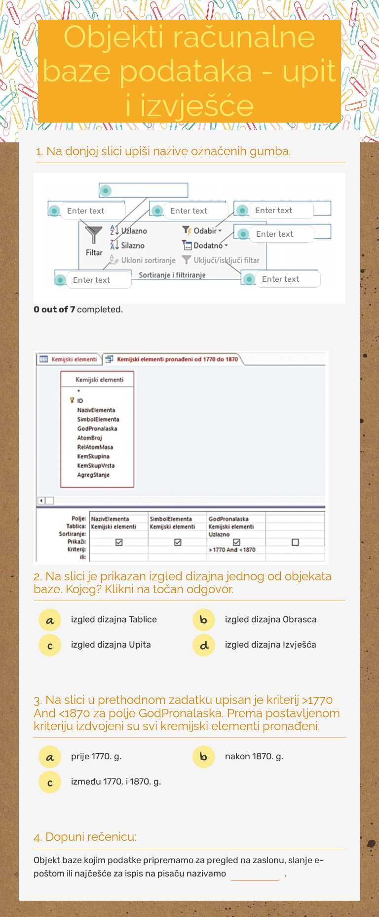 Objekti računalne baze podataka - upit i izvješće Grade 8 worksheet preview
