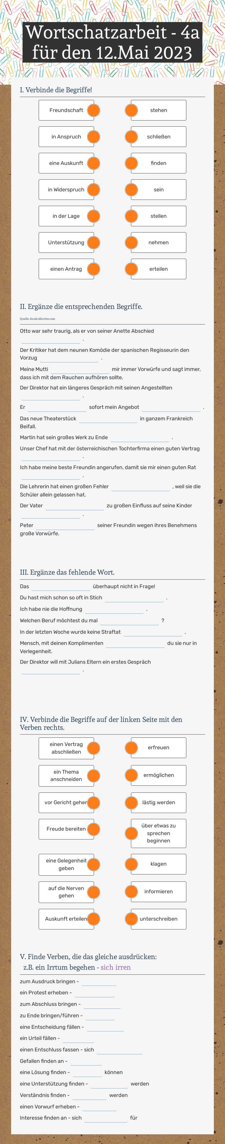 Wortschatzarbeit - 4a für den 14.Mai 2025 worksheet preview image