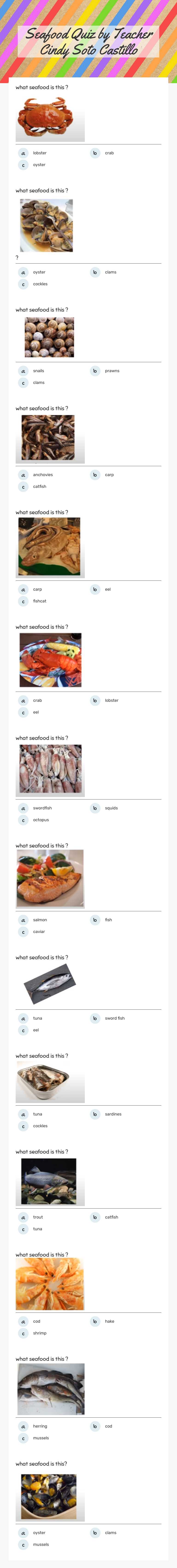 Seafood Quiz by Teacher Cindy Soto Castillo Grade 11 worksheet preview