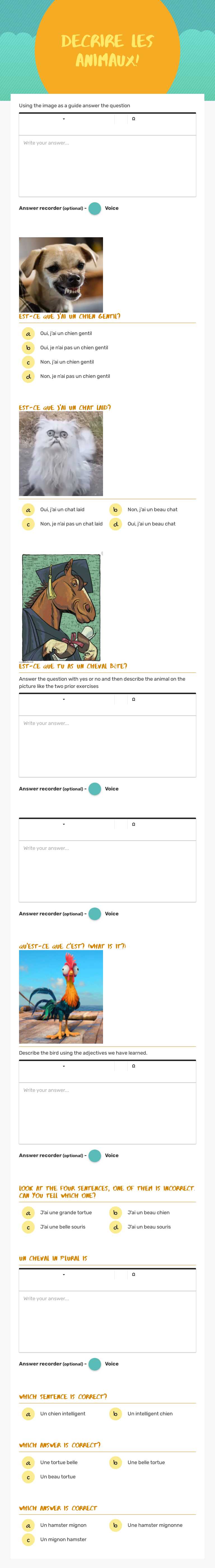 Decrire les animaux! worksheet preview image