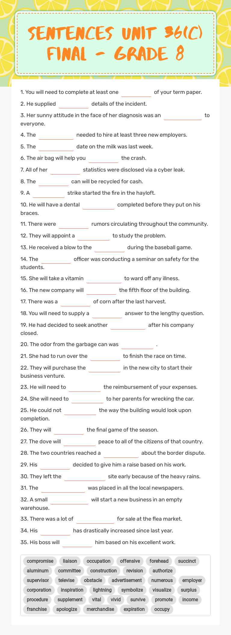 Sentences Unit 36(C) Final - Grade 8 worksheet preview image