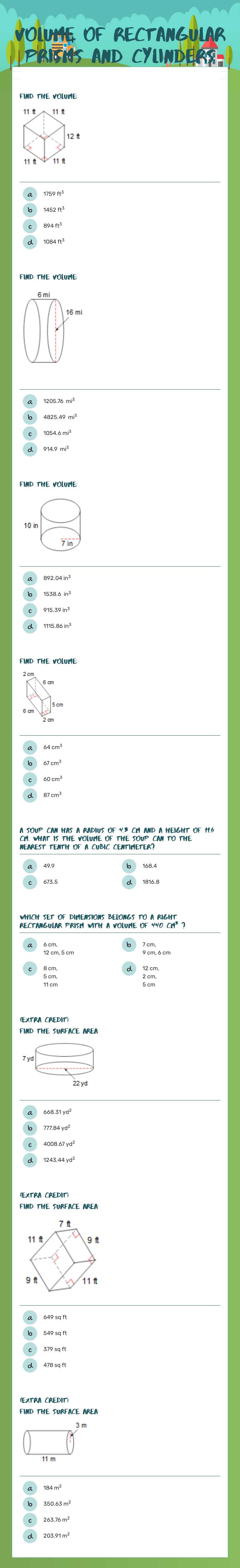 Volume of Rectangular Prisms and Cylinders worksheet preview image