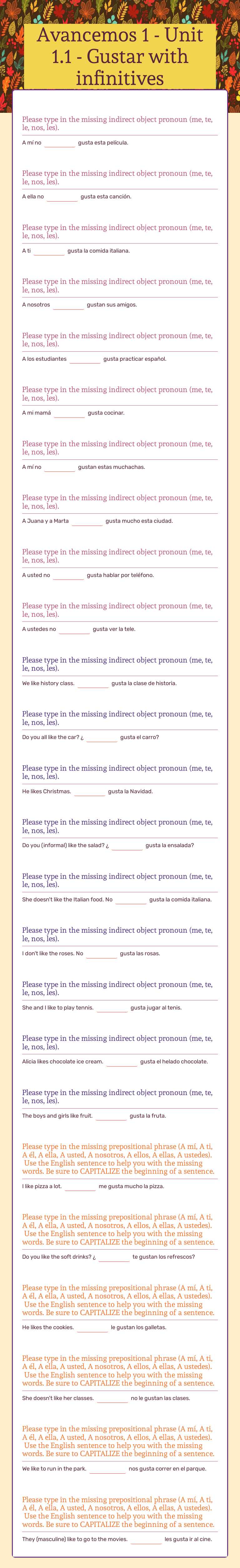 Avancemos 1 - Unit 1.1 - Gustar with infinitives worksheet preview image