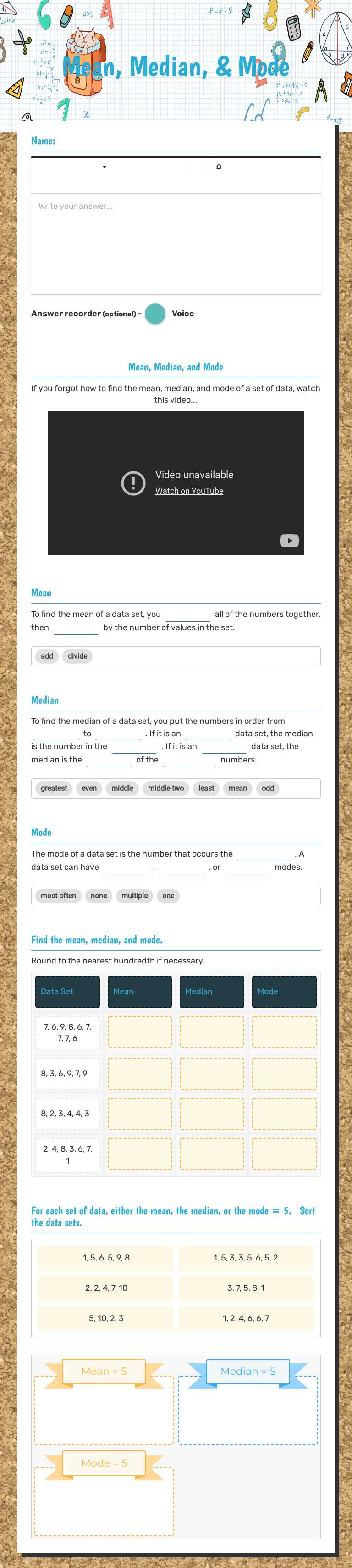 Mean, Median, & Mode Grade 7 worksheet preview