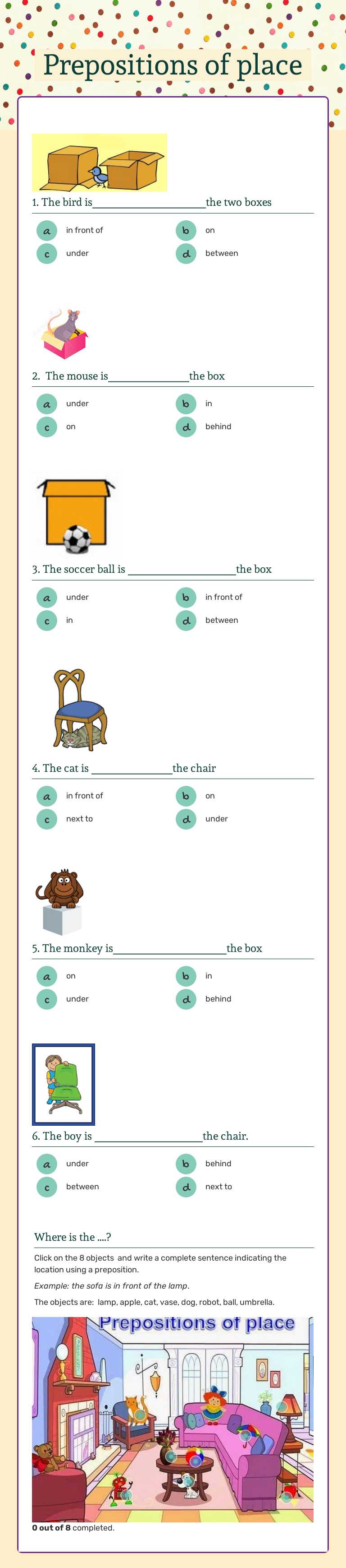 Prepositions of place worksheet preview image